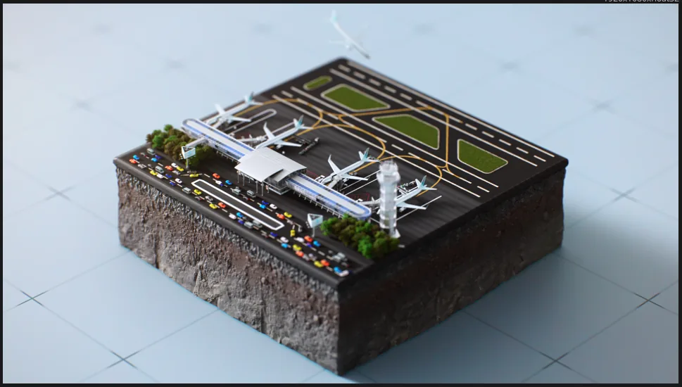 Diorama of an airport with planes, a terminal and a runway on a block of earth