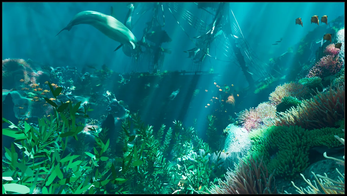 Underwater reef with a dolphin, shoals of fish and shafts of sunlight