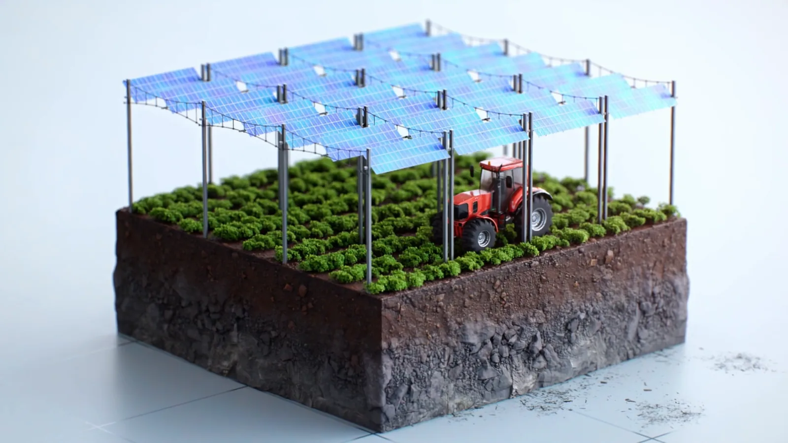Diorama of a crop field under raised solar panels, with a red tractor working beneath them