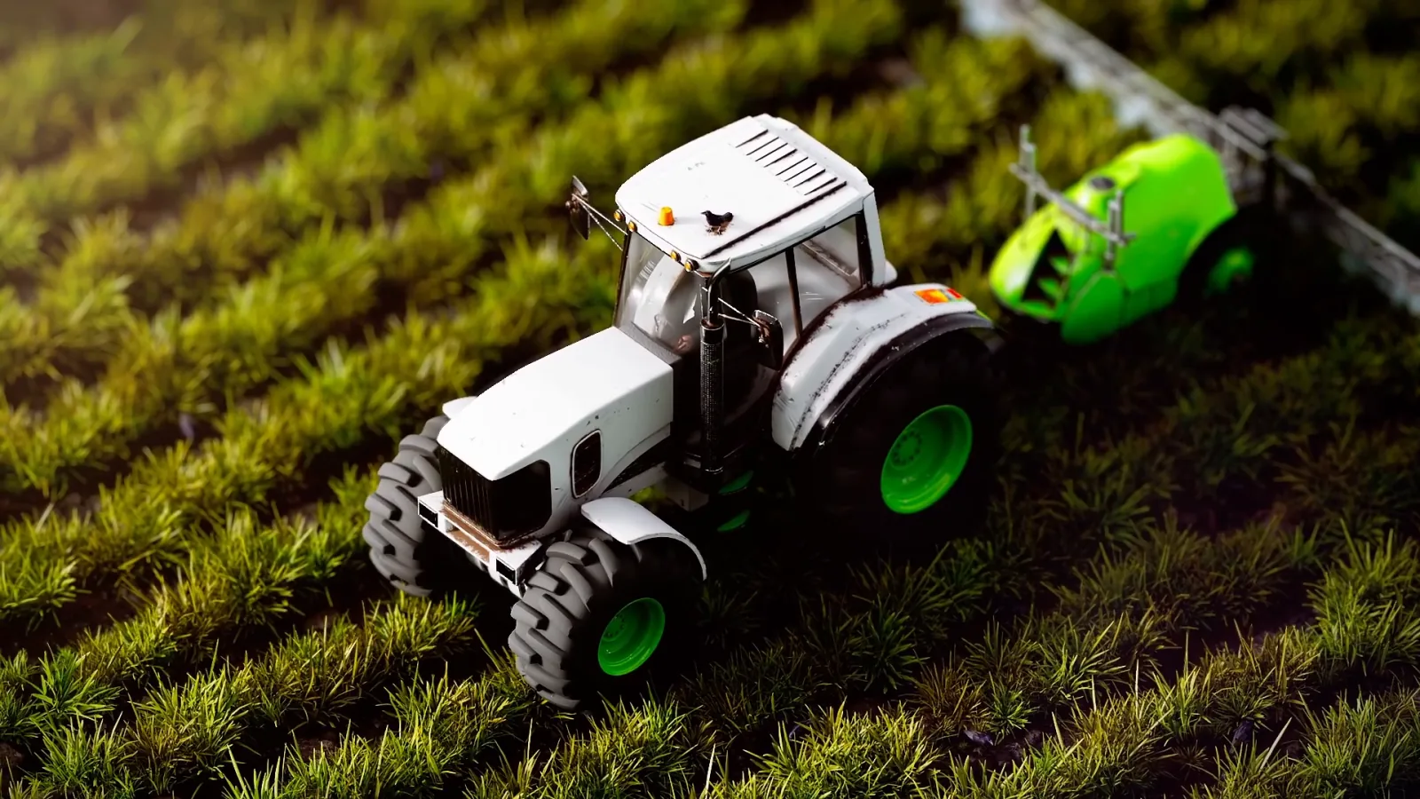 Close-up of a white tractor pulling a green sprayer through rows of crops