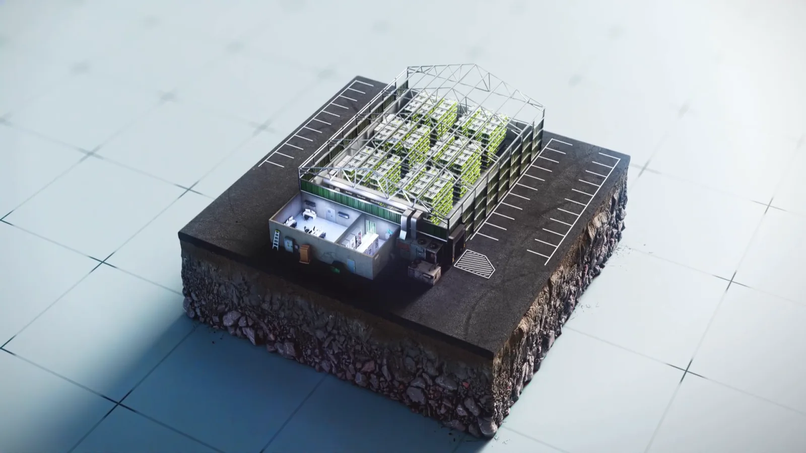Diorama of a vertical farm building with its roof cut away to show the growing racks