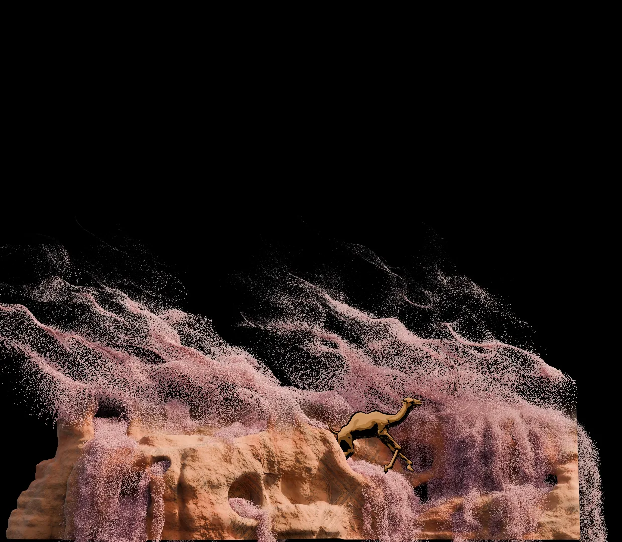 A camel walking over sandstone rocks as pink sand streams across them