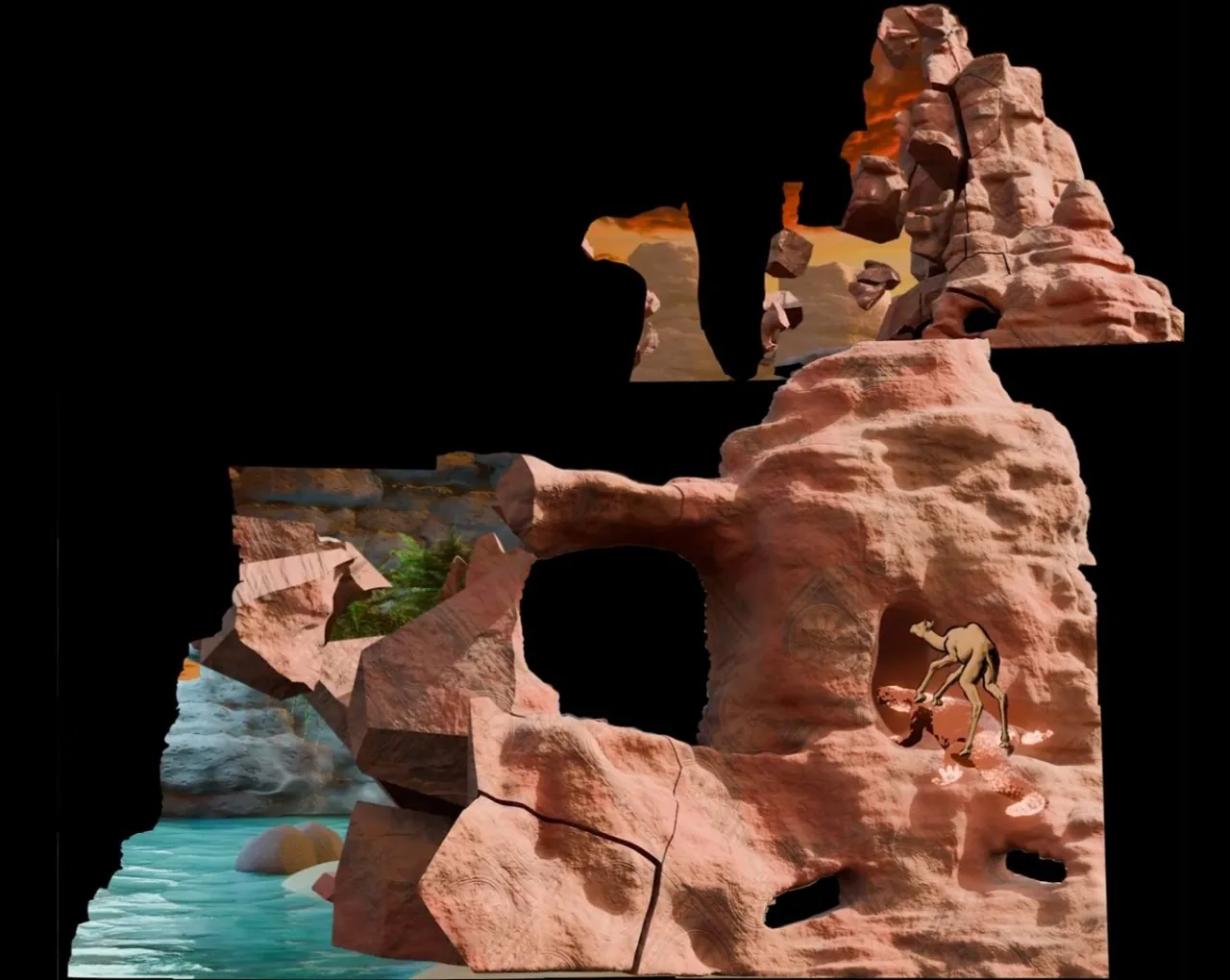 Sandstone canyon with a turquoise river, laid out as separate pieces for projection
