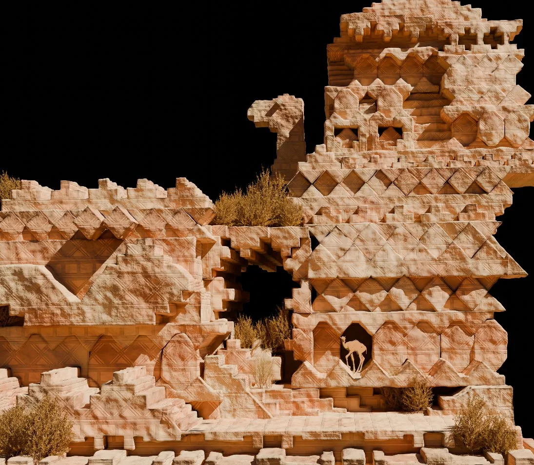 Sandstone ruins carved with geometric patterns, with a camel standing in a doorway