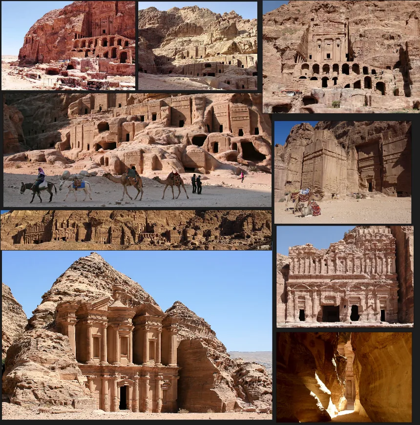 Reference board of photographs of the rock-cut tombs at Petra