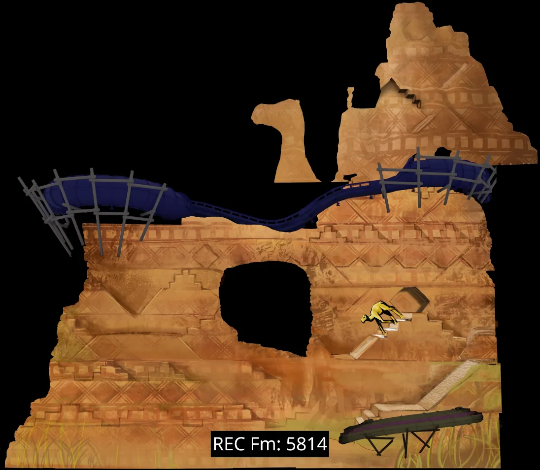 Pre-vis frame of a camel on patterned rock, with a blue water slide running along the top