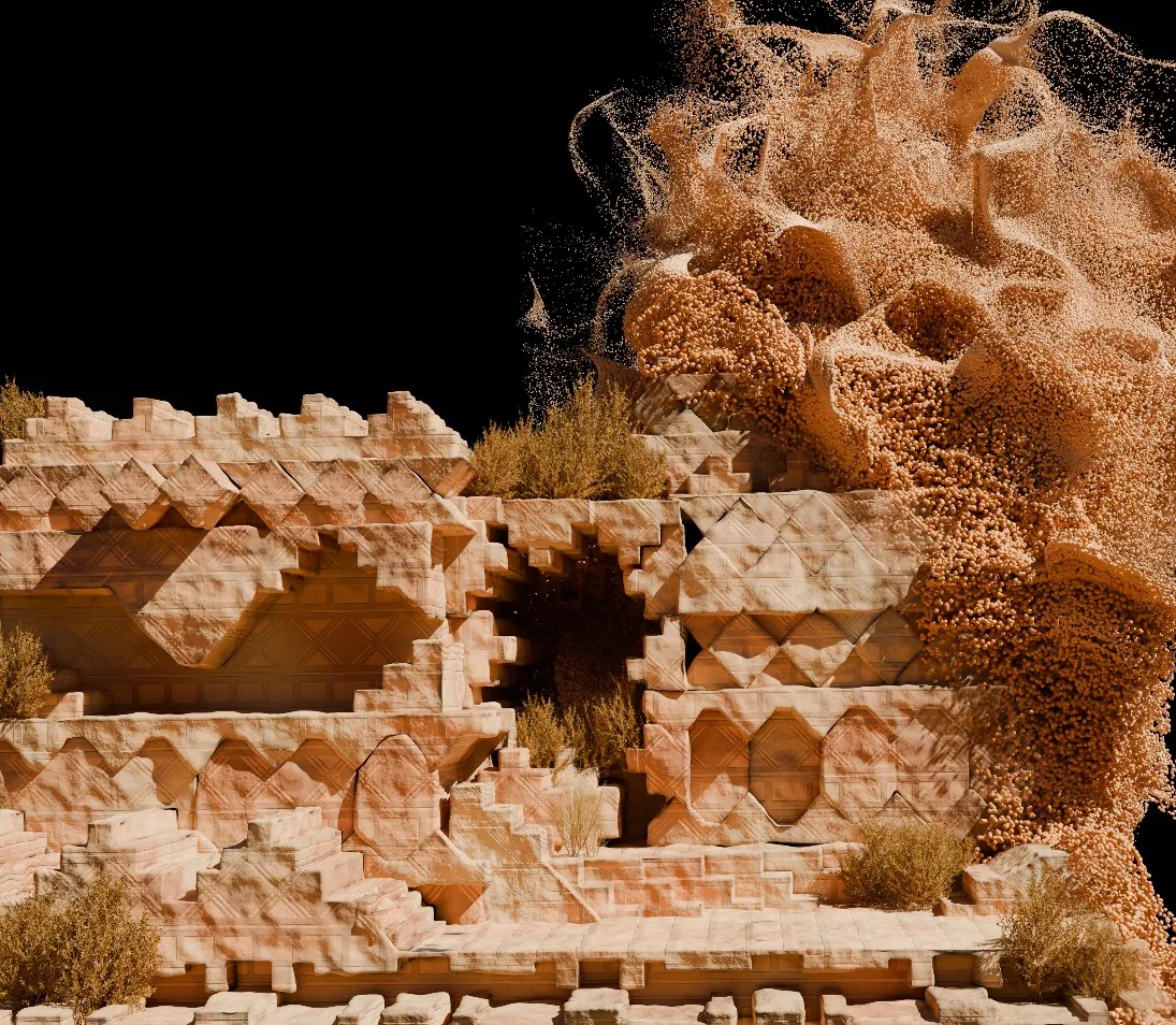 Carved sandstone ruins being swallowed by a burst of sand