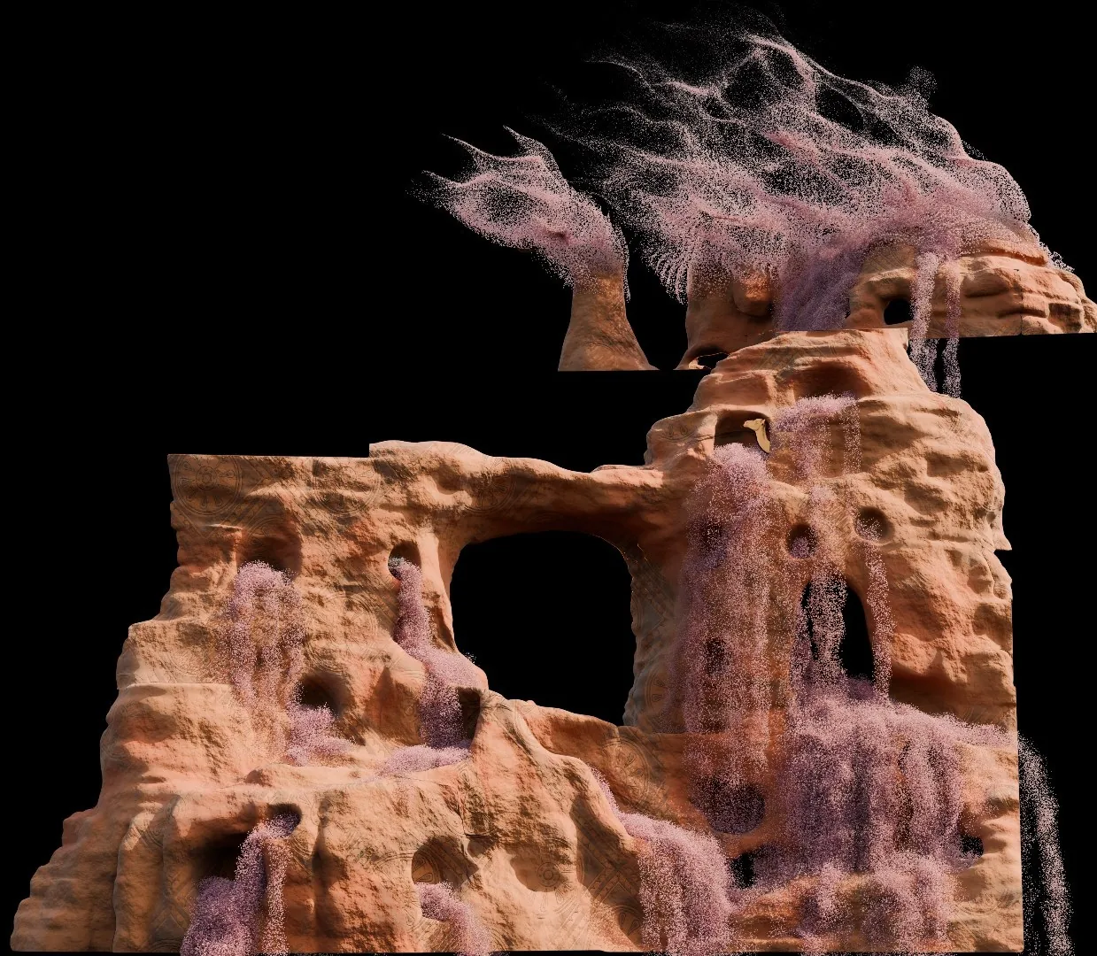 Sandstone arch with sand pouring down its sides like waterfalls