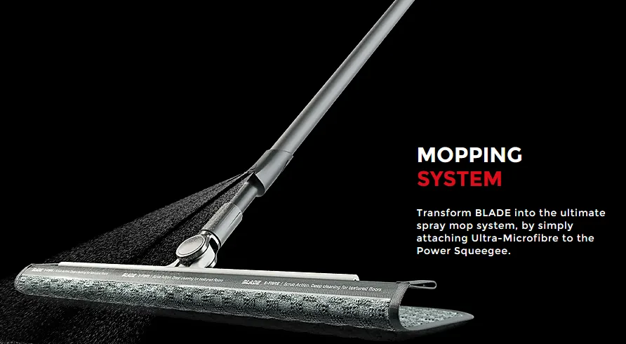 BLADE fitted with a microfibre mop head, captioned 