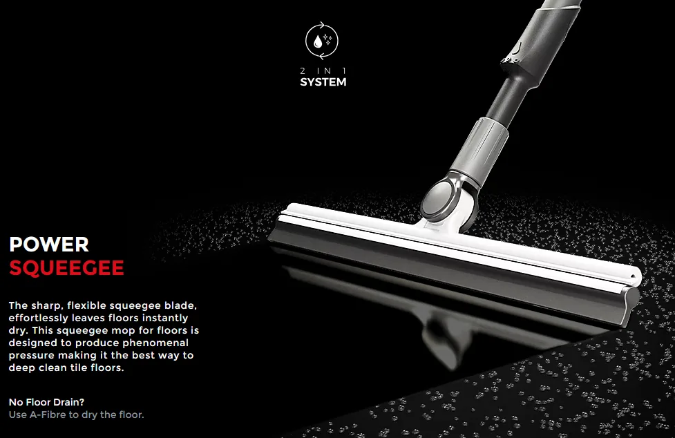 BLADE squeegee head on a wet black floor, captioned 