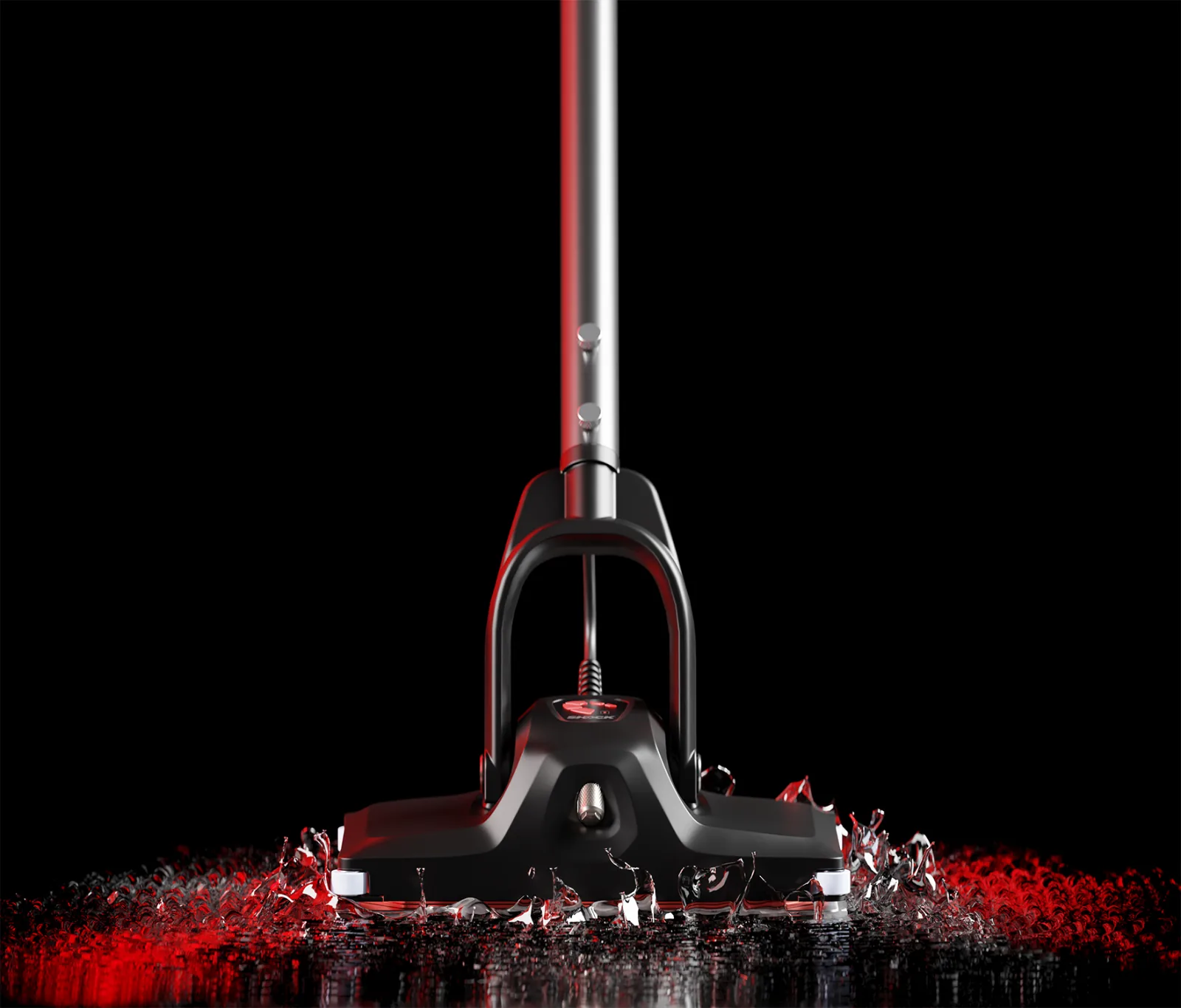 Front view of a floor scrubber splashing through red-lit water