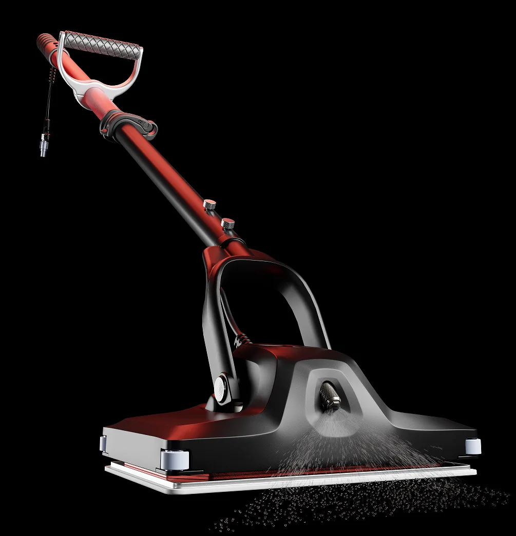 Full-length render of the floor scrubber with its red handle