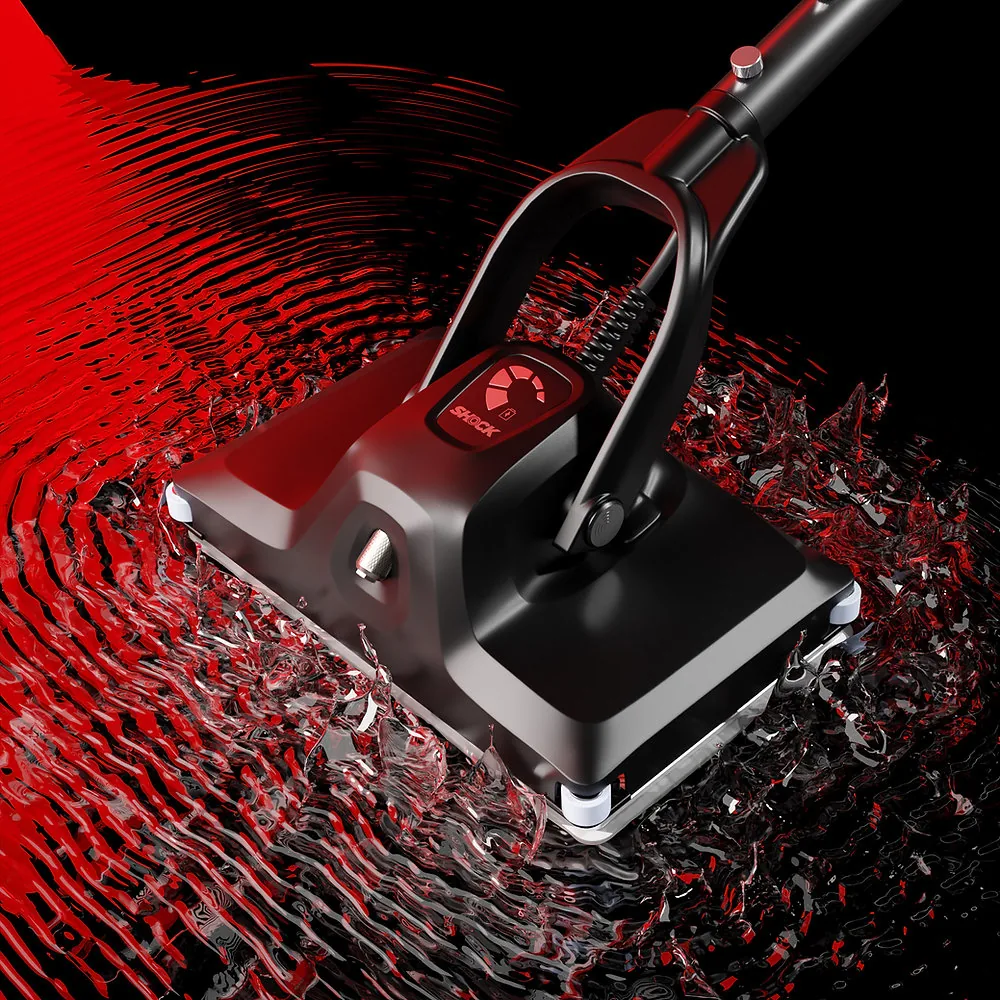 Floor scrubber head sitting in red ripples and splashing water