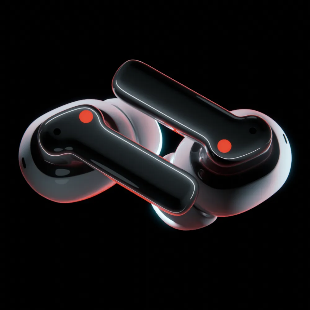 Black Nothing Ear (1) earbuds on black, edged with red light