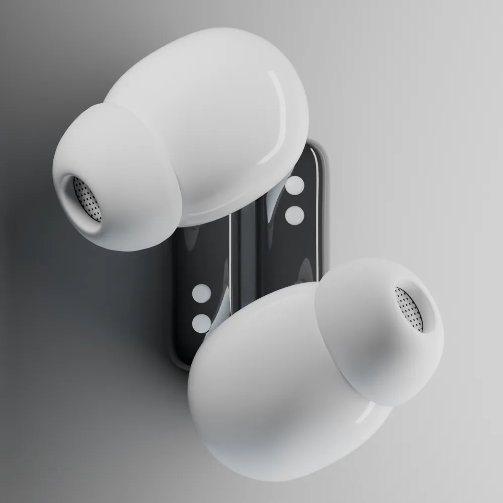 Close-up of two white Nothing Ear (1) earbuds