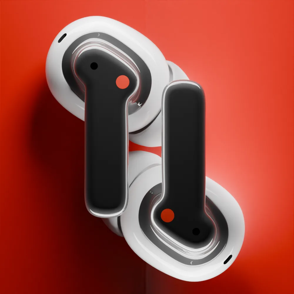 White Nothing Ear (1) earbuds on a red background