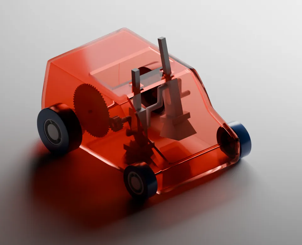 Render of a transparent red toy car with a gear mechanism inside
