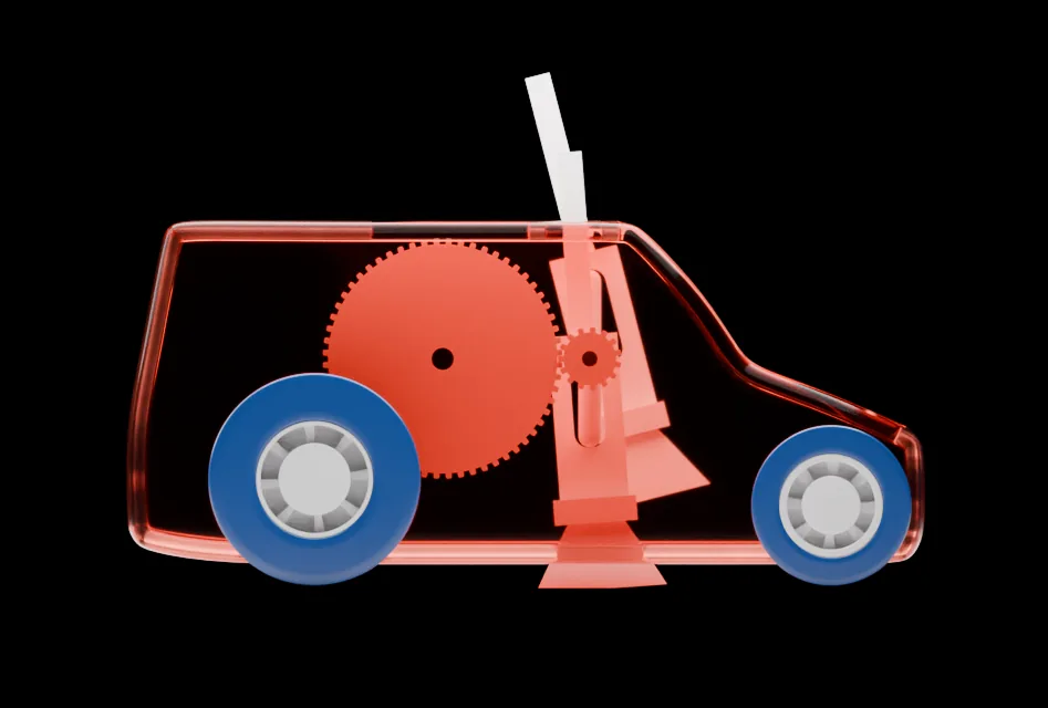 Side view of a transparent red toy car showing the gears inside