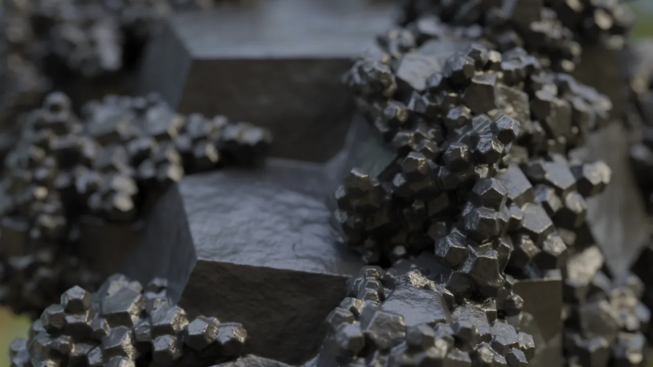 Dark angular rock covered in clusters of small crystals