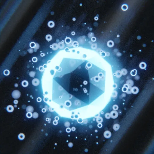 A glowing blue crystal surrounded by bubbles