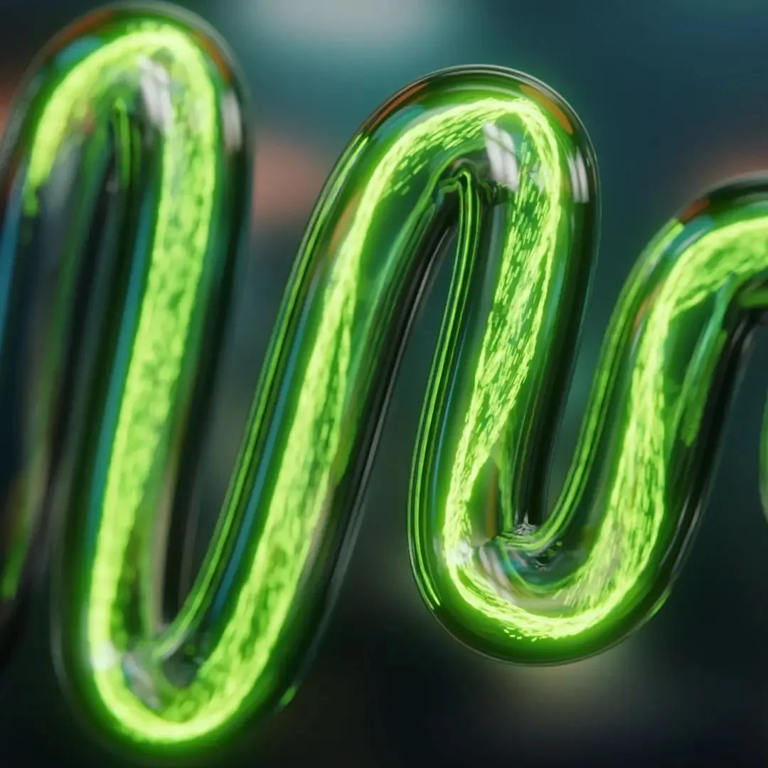 Close-up of a looping glass tube glowing green