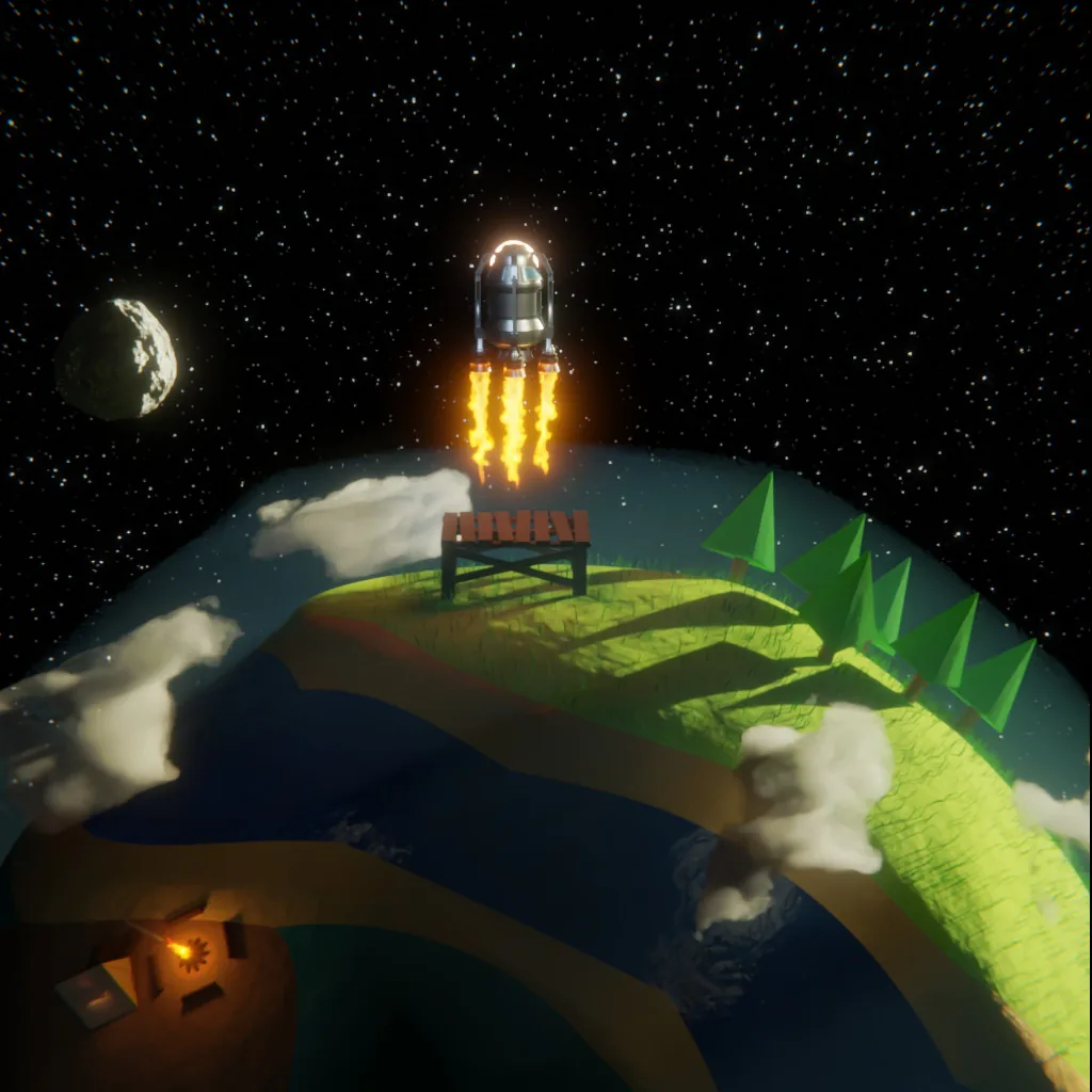 A rocket lifting off from a small low-poly planet