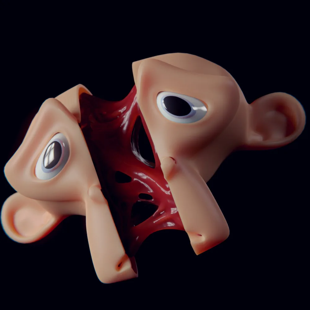 Blender's monkey head pulled apart, with red strands stretching between the halves