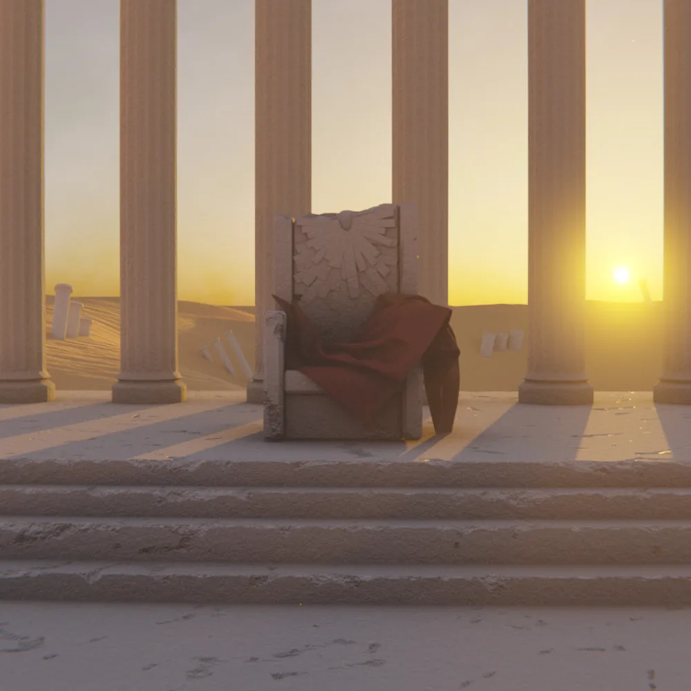 A stone throne draped in red cloth between columns, with the sun setting over a desert